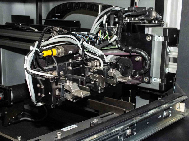 Camtek Falcon PD – secondary optical/mechanical subassembly drawer showing dual lens/camera mount assemblies on precision linear rails