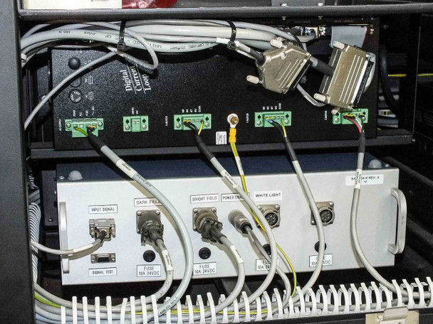 Camtek Falcon PD – electronics rack rear panel showing Digital Current Loop controller board, and illumination power supply with DARK FIELD, BRIGHT FIELD, POWER FIELD, and WHITE LIGHT outputs with fused connections