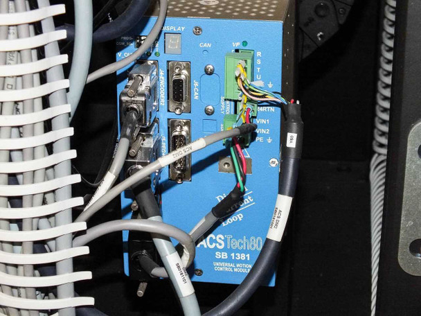 Camtek Falcon PD – ACSTech80 SB 1381 Universal Motion Control Module close-up showing CAN, DISPLAY, and ENCODER connectors with wiring