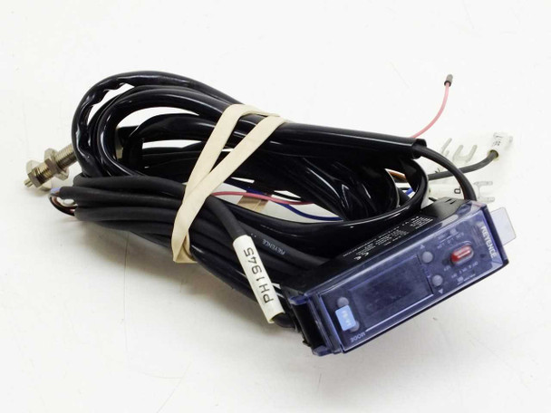 Keyence FS-V1 Fiber Optic Sensor Amplifier full unit with cable harness bundled, spade terminals and fiber head visible