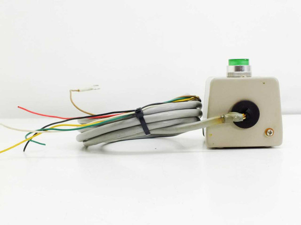 IDEC KGNW Control Box side view showing right-angle cable exit, bare wire leads in multiple colors, and second port plug on front face