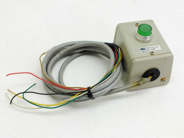 IDEC KGNW Control Box front-left angle view showing green illuminated pushbutton on top and pre-wired multi-conductor cable with bare wire ends