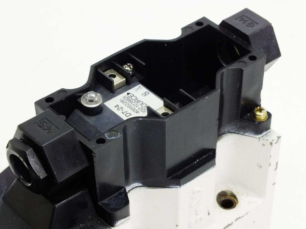 Tokimec D7-24 valve — top view of solenoid coil DIN connector cavity showing terminal block and D7-24 label