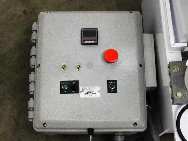 Process Technology DSL-VC-30-208X-15-LT controller enclosure front panel with emergency stop, control and heater switches, and digital temperature controller