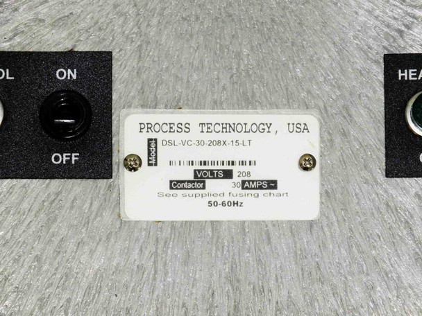 Process Technology DSL-VC-30-208X-15-LT controller nameplate showing 208V, 30 Amps, 50-60Hz rating