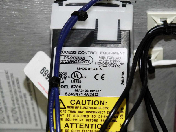 Process Technology Model 5788 label on control enclosure back panel with UL and CE markings, 208V rating