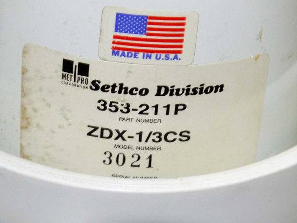 Met Pro Sethco Division 353-211P ZDX-1/3CS centrifugal pump label, Made in USA, serial number 3021