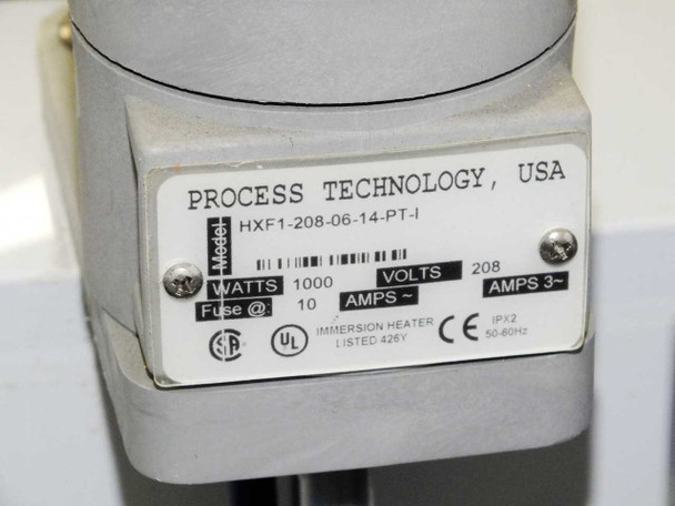 Process Technology HXF1-208-06-14-PT-I immersion heater nameplate showing 1000W, 208V, 3A, 10A fuse, IPX2