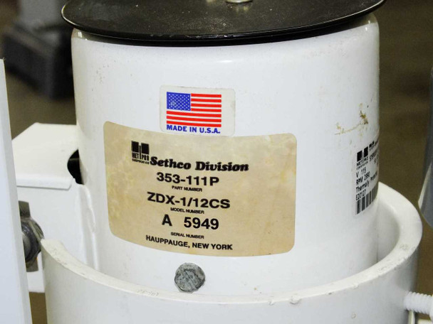 Met Pro Sethco Division 353-111P ZDX-1/12CS centrifugal pump label, Made in USA, serial number A 5949