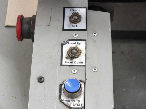 HTI Engineering HT-2 – operator control panel showing Stencil Lock, Head Up/Head Down toggle, and blue Print Cycle start button