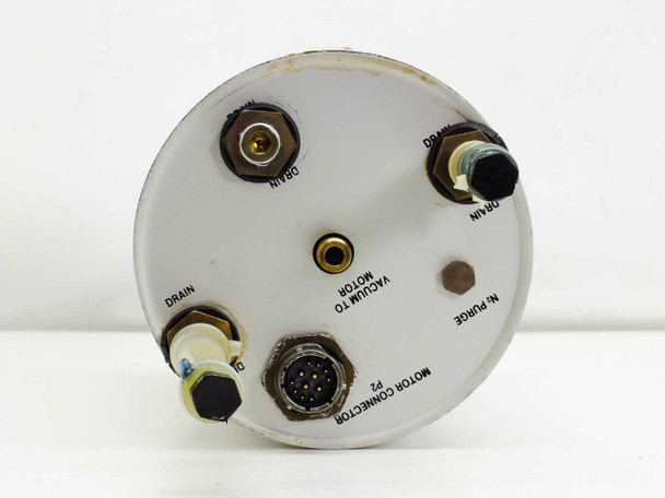Headway Research PWM32-PS-CB15 spinner rear end plate showing Drain ports, N2 Purge port, Vacuum to Motor port, and multi-pin Motor Connector P2