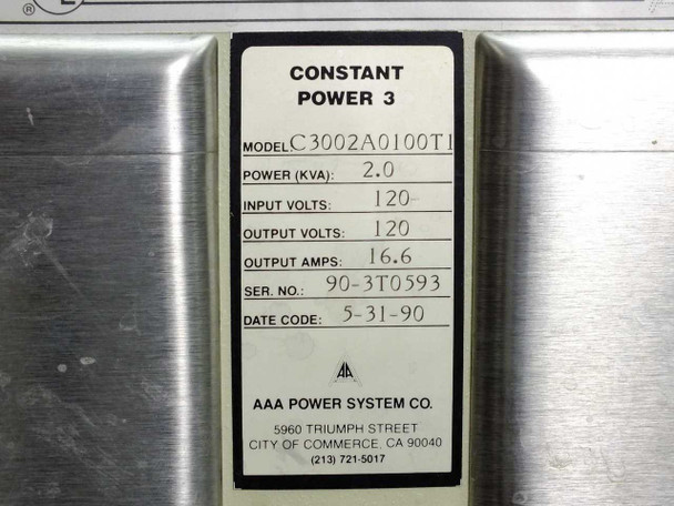 AAA Power System Co. C3002A0100T1 Constant Power 3 rating plate — shows model, 2.0 KVA, 120V input, 120V output, 16.6A, serial number 90-3T0593, date code 5-31-90