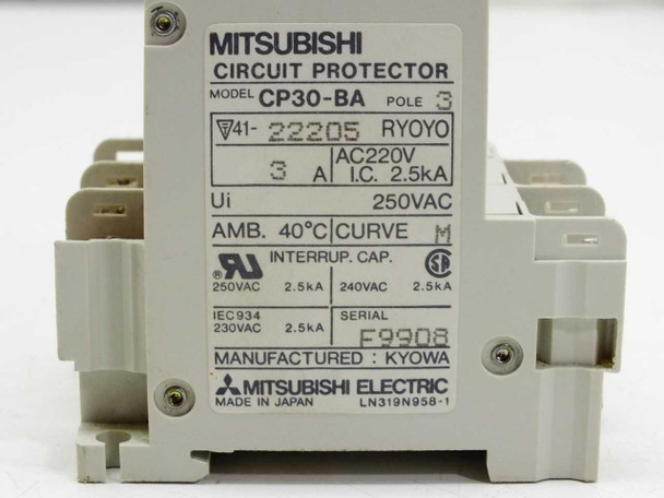 Mitsubishi CP30-BA rating plate showing CP30-BA 3-pole 3A AC220V 2.5kA specs and Mitsubishi Electric Made in Japan label