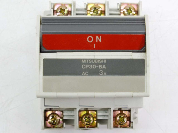 Mitsubishi CP30-BA circuit protector front panel close-up showing red ON toggle and model label