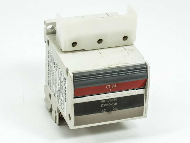 Mitsubishi CP30-BA circuit protector angled front-left view showing toggle handle and terminal block