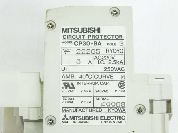 Mitsubishi CP30-BA second rating plate view showing CP30-BA 3A AC220V 2.5kA and IEC934 ratings