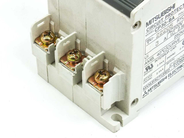 Mitsubishi CP30-BA angled view showing bottom terminals with rating label visible on side