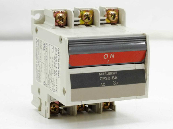 Mitsubishi CP30-BA 3-pole circuit protector front view showing ON toggle handle and 3A AC rating label