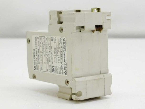 Mitsubishi CP30-BA circuit protector – left side view with specification label showing ratings and Mitsubishi Electric branding
