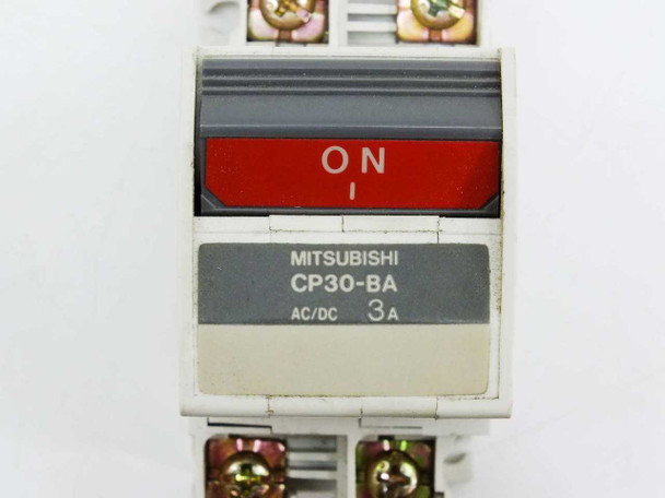 Mitsubishi CP30-BA circuit protector – close-up of front panel showing ON/I toggle and AC/DC 3A rating label