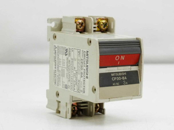 Mitsubishi CP30-BA 2-pole 3A AC/DC circuit protector – front and side view showing ON indicator and terminal clamps