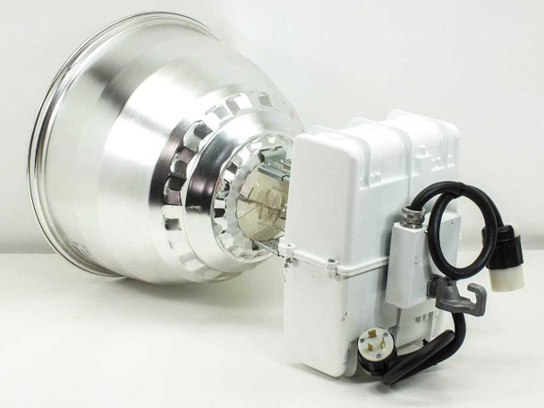 Lithonia TH 1000MP rear/side view showing ballast enclosure, lamp socket assembly, twist-lock cord, and 18-inch polished reflector bowl
