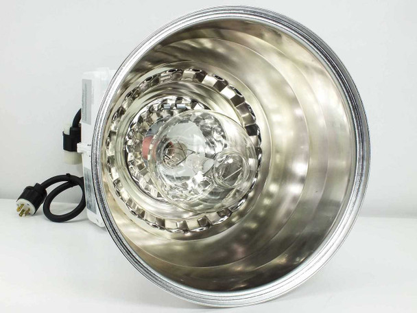 Lithonia TH 1000MP front reflector view — polished concentric aluminum reflector bowl with metal halide lamp at center, ballast housing and power cord visible at left