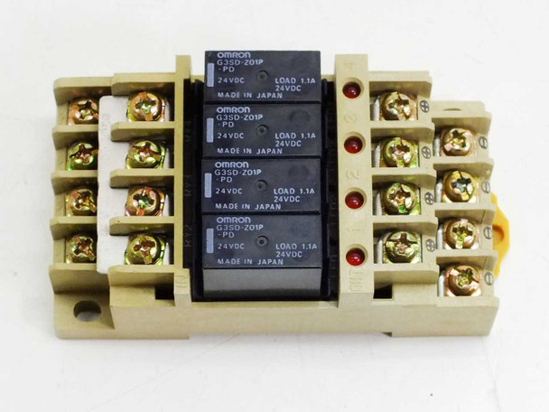 Omron G3S4-D1 terminal SSR assembly front view showing all four G3SD-Z01P-PD modules with 24VDC 1.1A load ratings and red LED indicators