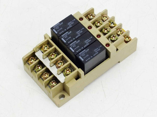 Omron G3S4-D1 terminal SSR assembly with four G3SD-Z01P-PD relay modules installed, front-left angle view showing screw terminals