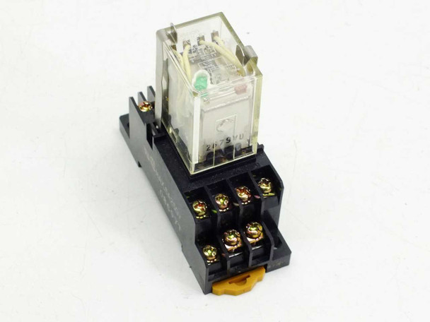 Omron MY4N-D2 miniature power relay seated in socket base — three-quarter front view showing transparent cover and screw terminals