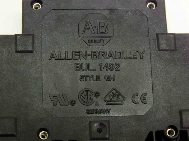 Allen-Bradley 1492-GH150 circuit breaker — bottom molded housing showing BUL. 1492 Style GH embossing, UL, CSA, DIN VDE, CE marks, and Made in Germany