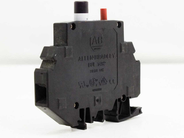 Allen-Bradley 1492-GH150 Series B circuit breaker — front-left view showing AB logo, DIN rail clip, and white/red trip button