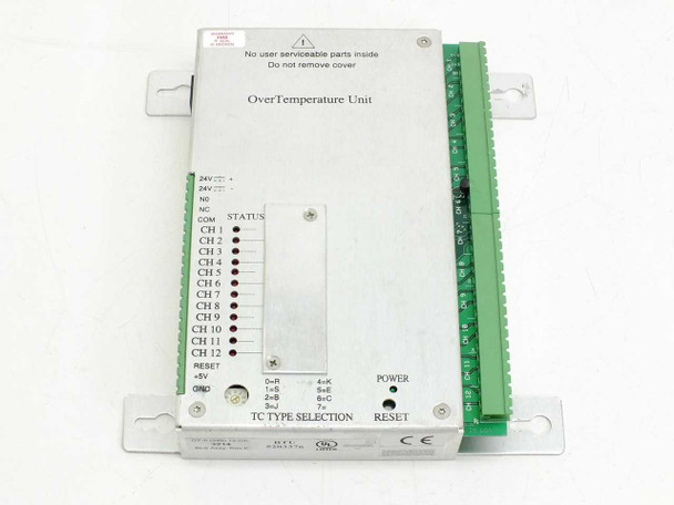 BTU OT-II 349 Over Temperature Unit – front panel view showing 12 status LEDs for CH1–CH12, TC Type Selection switch, Power indicator, and Reset button