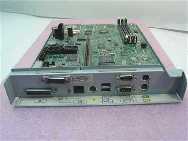 Compaq 296682-001 system board front I/O panel showing parallel port, serial ports, USB, PS/2, and audio connectors