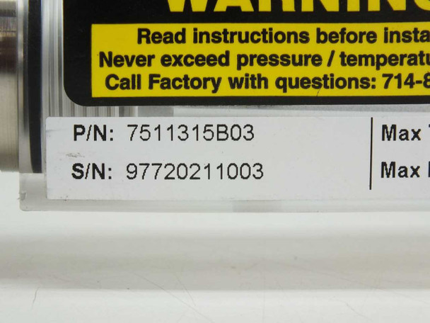 King Instrument 7511315B03 label close-up showing part number P/N 7511315B03, serial number S/N 97720211003, and warning text