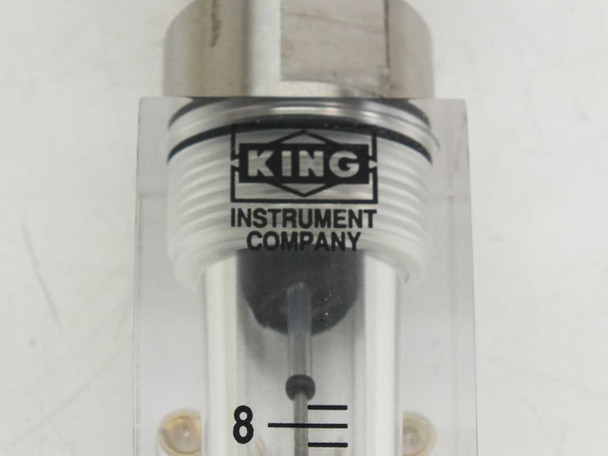 King Instrument Company logo detail on end cap of rotameter showing King Instrument Company branding and float indicator at scale 8