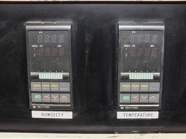 Orion AP-1500MVK-CS front panel close-up showing two RKC REX-F400 digital controllers labeled Humidity and Temperature
