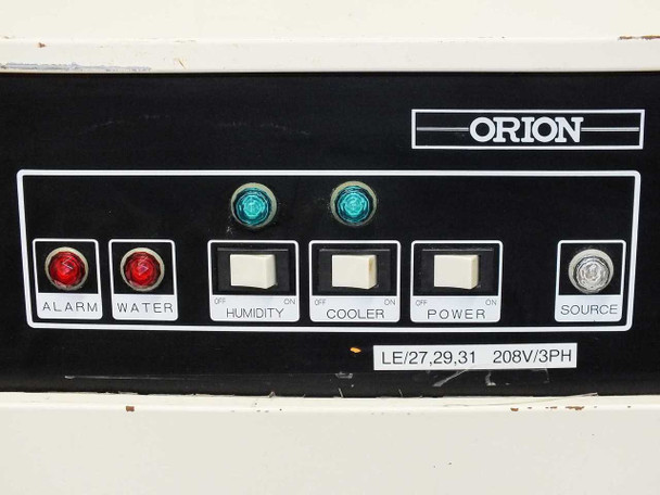 Orion AP-1500MVK-CS control panel with Alarm, Water, Humidity, Cooler, Power, and Source switches and indicator lights — labeled 208V/3PH