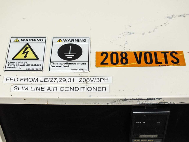 Orion AP-1500MVK-CS warning labels and rating sticker showing 208 VOLTS, Slim Line Air Conditioner, Fed from LE/27,29,31 208V/3PH