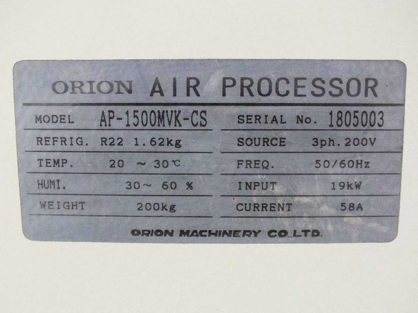 Orion AP-1500MVK-CS rating plate showing Model AP-1500MVK-CS, Serial No. 1805003, R22 1.62kg, 3ph 200V, 19kW, 58A, 50/60Hz, Orion Machinery Co. Ltd.