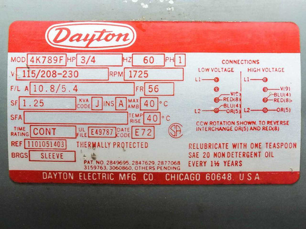 Dayton 4K789F motor nameplate — 3/4 HP, 115/208-230V, 1725 RPM, 60Hz, Frame 56, continuous duty
