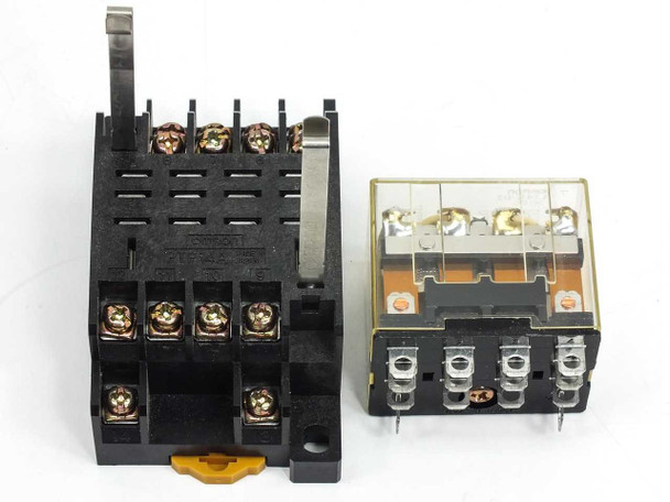 Omron LY4N-D2 relay and PTF14A socket separated — showing relay pin configuration and socket screw terminals