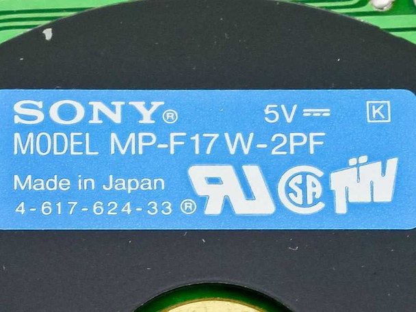 Sony MP-F17W-2PF label close-up showing model number, 5V rating, Made in Japan, and part number 4-617-624-33