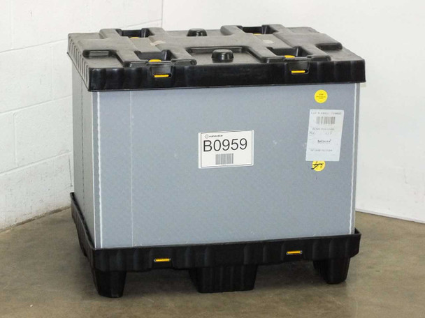 Sealed gray Tosca-style bulk storage carton labeled B0959 with black pallet base — outer shipping container for 6,000-cell lot