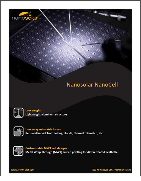 Nanosolar NanoCell product brochure page highlighting low weight aluminum structure, low array mismatch losses, and customizable MWT cell designs