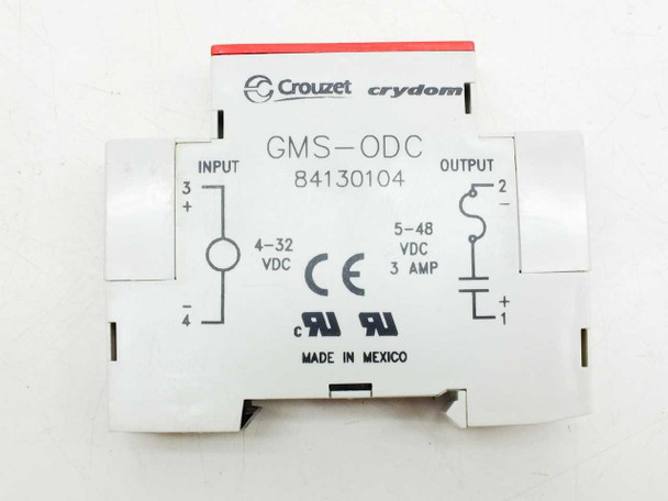 Crouzet Crydom GMS-ODC 84130104 solid state relay top label view showing input 4-32VDC, output 5-48VDC 3A, CE and UL markings