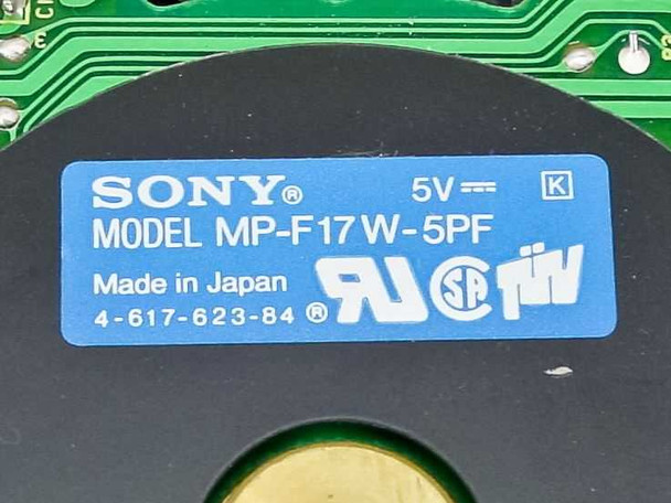 Sony MP-F17W-5PF close-up of rating label showing model number, 5V, Made in Japan, part number 4-617-623-84