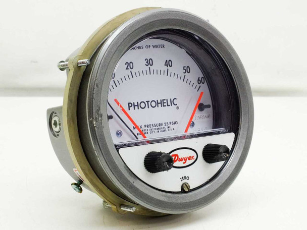 Dwyer 3060MR Photohelic Differential Pressure Gauge front face showing 0-60 In H2O dial and Dwyer knobs