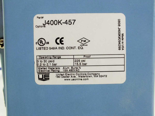 UE J400K-457 label showing model number, operating range 3-30 PSID, proof pressure 225 PSI, electrical rating 15A 480VAC, UL and CE certifications