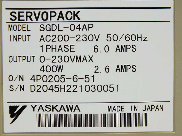 Yaskawa SGDL-04AP Servopack rating label – model SGDL-04AP, input AC200-230V 50/60Hz 1-phase 6.0A, output 0-230V max 400W 2.6A, O/N 4P0205-6-51, S/N D2045H221030051, Made in Japan